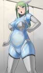 1girl auto_internal_cumshot bangs big_belly blue_eyes blue_skin blurry blurry_background blush breasts censored cleavage clenched_hands clenched_teeth colored_skin commentary_request cum cum_inflation ejaculation elbow_gloves eyebrows_visible_through_hair feet_out_of_frame gloves green_hair hair_between_eyes headgear highres inflation long_hair looking_away mosaic_censoring navel no_pussy open_mouth original oruka_(kamituki0827) penis penis_neck sidelocks solo sweatdrop teeth thick_thighs thighhighs thighs translucent_skin 