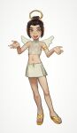  1girl :d angel armlet avatar:_the_last_airbender avatar_(series) azula brown_hair fake_halo fake_wings flat_chest full_body halo hands_up highres midriff miniskirt mossacannibalis navel sandals simple_background skirt smile solo tongue tongue_out white_background white_skirt wings yellow_eyes 