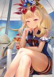  1girl artist_name beach_umbrella blonde_hair blue_swimsuit blush bow cagliostro_(granblue_fantasy) casual_one-piece_swimsuit chair collarbone commentary crossed_legs cup drinking_glass eyewear_on_head flower granblue_fantasy grin hair_flower hair_ornament half-closed_eyes hand_on_own_chin heart heart-shaped_eyewear highres holding holding_cup holding_spoon long_hair one-piece_swimsuit parfait ponytail purple_eyes red_bow red_ribbon ribbon sailor_collar signature sitting smile solo spoon sunglasses swimsuit thighs umbrella very_long_hair yapo_(croquis_side) 