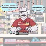  absurd_res adastra adastra_(series) annoyed annoyed_expression anthro black_nose brand canid canine canis cashier cassius_(adastra) collar dialogue echo_project fur hi_res inventory male mammal name_tag pawpads rude solo store store_clerk tamarindoarts_(artist) video_games visual_novel white_body white_fur wolf 
