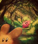  animal branch bush crown curious flower grass highres kirby kirby_(series) leaf looking_at_another open_mouth solo sunset suyasuyabi tree 