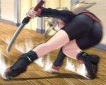  1girl ass back black_footwear black_jacket black_legwear black_shorts blonde_hair full_body hijikata-san_(m.m) holding holding_sword holding_weapon indoors jacket long_sleeves m.m original ponytail shoe_soles short_sword shorts solo sword tantou thighs weapon 