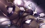  1girl ass atelier_(series) atelier_ryza bodysuit breasts cameltoe clothing_aside clothing_cutout fingernails fur-trimmed_gloves fur_trim gloves hair_ornament hairpin highres large_breasts lila_decyrus long_fingernails lying on_back panties panties_aside pillow shimo_(depthbomb) silver_hair thick_thighs thigh_cutout thighs underwear 