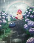  black_eyes character_request cloud cloudy_sky creature day flower gooey_(kirby) grass hamster highres kirby kirby_(series) looking_up open_mouth orange_fur rain rainbow sky suyasuyabi walking water_drop wet white_fur 