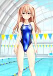 1girl absurdres black_swimsuit blue_swimsuit breasts brown_eyes character_name competition_swimsuit covered_navel highleg highleg_swimsuit highres indoors johnston_(kancolle) kantai_collection light_brown_hair long_hair multicolored_clothes multicolored_swimsuit one-piece_swimsuit poolside small_breasts solo standing star_(symbol) swimsuit takafumi two_side_up 