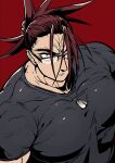  1boy bara close-up fate/grand_order fate_(series) frown glasses jewelry large_pectorals long_hair looking_at_viewer male_focus manly mature_male men_cho muscular muscular_male necklace pectorals red_background red_hair shirt solo spiked_hair t-shirt tanaka_shinbei_(fate) thick_eyebrows tight upper_body 