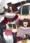  1girl absurdres ah-lyong_lee boots breasts brown_hair cape fur_trim gun highres large_breasts last_origin long_hair looking_at_viewer open_mouth red_eyes royal_arsenal skirt solo thighhighs weapon 