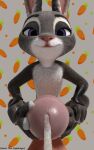  3d_(artwork) absurd_res anthro balls big_balls big_penis bodily_fluids carrot clothing cum cum_drip cum_on_penis digital_media_(artwork) disney dripping ejaculation feet feet_on_penis food footwear fur genital_fluids genitals grey_body grey_fur gynomorph hand_on_chest hand_on_leg hands_on_legs handwear hi_res huge_balls huge_filesize huge_penis intersex judy_hopps kawa_the_asparagus lagomorph leporid mammal nude penis penis_looking_at_viewer plant purple_eyes rabbit smile smiling_at_viewer solo spread_toes toeless_footwear toes vegetable zootopia 