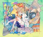  1girl abstract abstract_background animal_ears bangs bird blonde_hair bubble bug butterfly candle cityscape cloud commentary_request cork crow fire fish flower fox_ears fox_girl fox_shadow_puppet fox_tail from_side green_ribbon highres itomugi-kun kudamaki_tsukasa marker pencil ribbon romper short_hair short_sleeves socks solo sparkle tail test_tube touhou tower water white_legwear yellow_eyes 