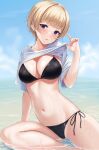  1girl absurdres beach bikini black_bikini blonde_hair breasts cleavage clothes_lift earrings hand_up highres jewelry large_breasts lifted_by_self looking_at_viewer navel original parted_lips purple_eyes rama_(yu-light8) shirt shirt_lift short_hair short_sleeves side-tie_bikini sitting solo stomach string_bikini stud_earrings swimsuit thighs water wet white_shirt 