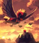  back bird birdon_(kirby) claws cloud cloudy_sky feathers flying green_fur highres kirby kirby_(series) looking_at_viewer looking_up mountain multicolored_fur red_fur scenery ship sky sun sunset suyasuyabi watercraft 