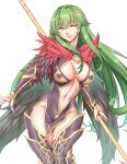  1girl absurdres alternate_costume boots breasts center_opening cleavage cleavage_cutout cleru_(cleruuuuu) clothing_cutout cowboy_shot crown english_commentary feather_trim fire_emblem fire_emblem_echoes:_shadows_of_valentia green_eyes green_hair groin highres holding holding_polearm holding_weapon large_breasts long_hair long_sleeves looking_at_viewer navel no_panties palla_(fire_emblem) polearm red_legwear red_nails revealing_clothes simple_background smile solo thigh_boots thighhighs toned very_long_hair weapon white_background 