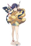  1girl bangs bike_shorts black_hair blue_nails blunt_bangs closed_mouth commentary_request donguri_big elesa_(pokemon) emolga flats full_body fur_jacket grey_eyes headphones highres holding holding_poke_ball jacket knees long_sleeves multicolored_hair nail_polish poke_ball poke_ball_(basic) pokemon pokemon_(creature) pokemon_(game) pokemon_bw2 red_nails short_hair_with_long_locks sidelocks smile standing streaked_hair white_background yellow_jacket 