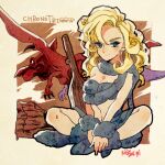 1girl ayla_(chrono_trigger) blonde_hair blue_eyes breasts chrono_trigger cleavage closed_mouth club_(weapon) curly_hair dated full_body long_hair looking_at_viewer midriff navel pterosaur seriel_(summertosuika) seriel_alex_dubova signature smile weapon 