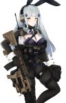  1girl absurdres alternate_costume ammunition_pouch assault_rifle bangs between_breasts black_gloves black_legwear blue_leotard blue_necktie blunt_bangs breasts cross_hair_ornament girls&#039;_frontline gloves green_eyes gun h&amp;k_hk416 hair_ornament headset highleg highleg_leotard highres hk416_(girls&#039;_frontline) id_card leotard long_hair long_sleeves medium_breasts necktie necktie_between_breasts pantyhose playboy_bunny pouch pz-15 rifle shrug_(clothing) silver_hair solo teardrop teardrop_facial_mark teardrop_tattoo thigh_strap weapon wrist_cuffs 