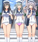  3girls :d absurdres aqua_hair bag black_hair blue_sailor_collar blush breasts closed_eyes collarbone crosswalk dress eyebrows_visible_through_hair hair_ornament hairclip haruna_(kancolle) hat highres kantai_collection kashima_(kancolle) kneehighs large_breasts long_hair looking_at_another multiple_girls outdoors panties pink_panties road sailor_collar sailor_dress sailor_hat school_bag school_uniform shiny shiny_skin silver_hair smile street suzuya_(kancolle) twintails underwear white_headwear white_legwear white_panties zanntetu 