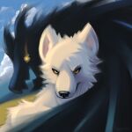  1:1 2022 ambiguous_gender anthro black_nose bust_portrait canid canine canis colored digital_media_(artwork) duo fur glowing glowing_eyes hi_res jagged_mouth looking_at_viewer male mammal outside portrait shadow shadow_creature squawks white_body white_fur wolf yellow_eyes 