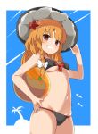  1girl absurdres azusa_(cookie) ball bangs beachball bikini black_bikini black_headwear blush bow braid breasts brown_eyes commentary_request cookie_(touhou) cowboy_shot eyebrows_visible_through_hair front-tie_bikini front-tie_top grin hair_bow hair_ornament hand_on_hip hat highres kirisame_marisa long_hair looking_at_viewer medium_breasts navel orange_hair palm_tree red_star side_braid single_braid smile solo star_(symbol) star_hair_ornament swimsuit touhou tree white_bow witch_hat yumekamaborosh 