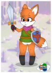  ambiguous_gender anthro bandanna canid canine clothing fox foxavril gloves handwear hi_res holding_object holding_weapon kerchief mammal melee_weapon ruin_seeker screencap screencap_background shield solo standing sword tunic tunic_(video_game) video_games weapon 
