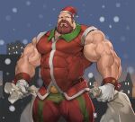  1boy abs bag bara beard biceps black_eyes christmas city collared_shirt facial_hair frown gloves grabbing hat itadori_shuu large_pectorals leather leather_belt male_focus mature_male muscular muscular_male night night_sky original outdoors pectorals red_hair santa_costume santa_hat shirt sky sleeveless snow solo thick_arms thick_thighs thighs tight veins veiny_arms 