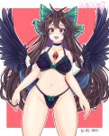  1girl absurdres artist_name bangs bird_wings black_bra black_choker black_panties black_wings blush border bow bow_bra bow_panties bra breasts brown_eyes brown_hair cape choker dated feathered_wings furrowed_brow green_bow groin hair_bow highleg highleg_panties highres lace-trimmed_bra lace_trim large_breasts lingerie long_hair looking_at_viewer nanaii_desu navel open_mouth panties red_background reiuji_utsuho smile solo standing teeth third_eye touhou underwear underwear_only upper_teeth very_long_hair white_border white_cape wings 