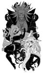  2girls 4boys :&lt; :d black_horns breasts byakuren_(mazohana) cigarette clenched_hand closed_mouth crown_(mazohana) demon_boy demon_girl demon_horns fang fang_out fangs greyscale highres horns kewpie_(mazohaha) kokuren_(mazohana) mask medium_breasts mokugyo_(mazohana) monochrome multiple_boys multiple_girls musuko_ga_kawaikute_shikatanai_mazoku_no_hahaoya open_mouth sharp_teeth simple_background skull skull_mask smile teeth white_background zyugoya 