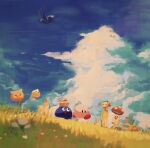  banana basket character_request closed_eyes cloud cloudy_sky floating flower food fruit gooey_(kirby) grass grasslands happy highres kirby kirby_(series) leaf mushroom open_mouth running sky smile stone suyasuyabi waddle_dee 