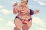  5_fingers american_flag_bikini anthro big_breasts bikini biped blonde_hair breasts brown_body brown_ears brown_eyes brown_fur bulge cheek_tuft cleavage clothed clothing cloud colored curvy_figure day detailed_background detailed_bulge digital_media_(artwork) ear_piercing ear_stud eyelashes facial_tuft felid feline fingers flag_bikini front_view fur genital_outline gynomorph hair hi_res huge_breasts humanoid_hands intersex kemono long_hair looking_at_viewer mammal monotone_body monotone_ears monotone_fur monotone_hair morokko navel neck_tuft open_mouth outside penis_outline piercing portrait shaded skimpy sky slightly_chubby solo standing stars_and_stripes style_parody swimwear thick_thighs three-quarter_portrait tuft united_states_of_america voluptuous wide_hips 