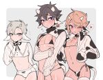  3boys animal_ears animal_print arm_behind_back bangs bikini bikini_under_clothes black_eyes black_hair blonde_hair blush briefs brown_hair bulge chinese_commentary cow_boy cow_ears cow_horns cow_print cow_tail cropped_shirt ear_tag fang grey_background grey_eyes grey_hair hair_wings hand_up hands_in_pockets heart highres holding_own_arm horns jacket looking_at_viewer looking_away male_focus male_underwear micro_bikini midriff ming_(5unri5e666) multiple_boys navel notice_lines one_eye_closed original otoko_no_ko pale_skin pointy_hair purple_eyes reverse_outfit ribbed_sweater shiny shiny_skin short_hair simple_background skin_fang sleeves_past_wrists spoken_heart sweat sweater swimsuit tail tan thighhighs underwear white_background white_legwear 