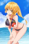  1girl alternate_costume bags_under_eyes bangs bikini black_bikini blonde_hair blue_sky blush bow breasts cleavage cloud commentary_request cookie_(touhou) day eyebrows_visible_through_hair feet_out_of_frame green_eyes hair_bow hand_on_own_knee highres kirisame_marisa large_breasts leaning_forward long_hair looking_at_viewer mars_(cookie) navel ocean open_mouth outdoors pokemon ponytail red_bow sky solo squiggle swimsuit touhou water yumekamaborosh 