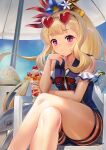  1girl artist_name beach_umbrella blonde_hair blue_swimsuit blush bow cagliostro_(granblue_fantasy) casual_one-piece_swimsuit chair collarbone commentary crossed_legs cup drinking_glass eyewear_on_head flower granblue_fantasy hair_flower hair_ornament hand_on_own_chin heart heart-shaped_eyewear highres holding holding_cup holding_spoon light_frown long_hair one-piece_swimsuit parfait ponytail purple_eyes red_bow red_ribbon ribbon sailor_collar signature sitting solo spoon sunglasses swimsuit thighs umbrella very_long_hair yapo_(croquis_side) 