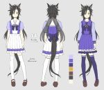  1girl air_shakur_(umamusume) animal_ears arms_at_sides black_hair brown_footwear closed_mouth color_guide full_body grey_background highres horse_ears horse_girl horse_tail jemma_(mashirahoshi) long_hair long_sleeves multiple_views puffy_short_sleeves puffy_sleeves purple_legwear purple_shirt purple_skirt sailor_collar school_uniform shirt shoes short_sleeves simple_background skirt tail thighhighs tracen_school_uniform turnaround umamusume white_legwear white_skirt yellow_eyes 