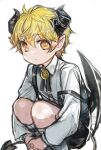  1boy blonde_hair blush brooch child closed_mouth collared_shirt demon_boy demon_horns demon_wings hair_between_eyes highres horizontal_pupils horns hugging_own_legs jewelry komota_(kanyou_shoujo) long_sleeves looking_at_viewer male_focus original pointy_ears rafi_(komota_(kanyou_shoujo)) shirt short_hair simple_background socks squatting strap_slip white_background white_legwear white_shirt wing_collar wings 