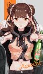  1girl 3shine_02 absurdres black_survival bottle braid brown_hair crop_top double_bun eternal_return:_black_survival highres li_dailin long_hair looking_at_viewer midriff navel open_mouth pants sleeveless soju solo tagme upper_body yellow_eyes 