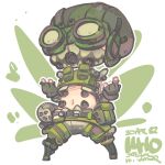  1boy \m/ apex_legends artist_name black_gloves black_headwear chibi cropped_vest dated double_\m/ fingerless_gloves gloves goggles green_vest grey_shorts jr4rt male_focus mask mechanical_legs mouth_mask navel octane_(apex_legends) shorts solo vest 