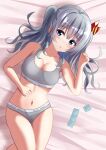  1girl 7shina_esprmo blue_eyes bra breasts collarbone condom condom_packet_strip condom_wrapper grey_bra grey_panties kantai_collection kashima_(kancolle) large_breasts lying navel on_back panties sidelocks silver_hair solo twintails underwear underwear_only wavy_hair 