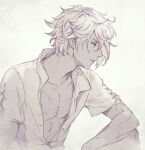 1boy commentary_request grey_background lace-up_sleeves male_focus octopath_traveler partially_unbuttoned satou_kivi scar scar_on_arm scar_on_chest shirt short_hair short_sleeves sketch solo therion_(octopath_traveler) upper_body 