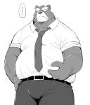  ... 2022 anthro belly big_belly bodily_fluids bottomwear clothing humanoid_hands kemono male mammal nao901 necktie overweight overweight_male pants shirt simple_background solo sweat topwear ursid 