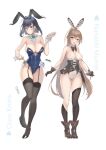  2girls asymmetrical_legwear bangs bare_arms bare_shoulders black_footwear blue_bow blue_bowtie blue_eyes blue_hair blue_leotard blush boots bow bowtie breasts brown_bow brown_bowtie brown_eyes brown_footwear brown_gloves brown_hair brown_legwear card character_name corset detached_collar earrings eliskalti eyebrows_visible_through_hair feather_hair_ornament feathers full_body garter_belt gloves hair_between_eyes hair_ornament high_heel_boots high_heels highleg highleg_leotard highres holding hololive hololive_english hoop_earrings jewelry kneehighs large_breasts leotard long_hair looking_at_viewer looking_away medium_breasts multiple_girls nanashi_mumei open_mouth ouro_kronii parted_lips partially_fingerless_gloves playboy_bunny playing_card ponytail short_hair single_kneehigh single_thighhigh strapless strapless_leotard thighhighs uneven_legwear very_long_hair virtual_youtuber white_leotard wrist_cuffs 