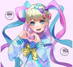  1girl aqua_bow bangs blue_eyes bow chouzetsusaikawa_tenshi-chan commentary_request eyebrows_visible_through_hair facing_viewer flypopo gradient_hair hair_bow hands_up heart heart_hands highres long_hair long_sleeves looking_at_viewer multicolored_hair multicolored_nails needy_girl_overdose open_mouth parted_bangs pink_background pink_bow purple_bow school_uniform serafuku simple_background smile solo upper_body 