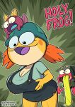  2_toes 4_fingers amphibia_(series) anthro big_breasts black_eyes blush breasts clothed clothing disney feet female fingers garabatoz green_tongue hat headgear headwear ivy_sundew male open_mouth orange_body sprig_plantar surprise toes tongue yellow_body 
