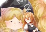  2girls :3 ahoge bangs black_vest blonde_hair bow braid breasts closed_eyes closed_mouth commentary_request cookie_(touhou) dual_persona eyebrows_visible_through_hair hair_between_eyes hair_bow highres human_head juliet_sleeves kirisame_marisa koga_(cookie) lion long_hair long_sleeves multiple_girls puffy_sleeves red_bow shirt side_braid single_braid sleeping small_breasts smile split_mouth touhou upper_body vest white_shirt yumekamaborosh 