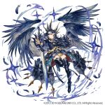  1girl 2012 2019 armor armored_boots armored_dress black_dress black_hair black_legwear black_wings boots bravely_default:_praying_brage bravely_default_(series) breasts character_request company_name copyright dress eyepatch feathered_wings feathers highres holding holding_sword holding_weapon long_hair looking_at_viewer multiple_wings official_art parted_lips red_eyes satou_kivi small_breasts solo sword thigh_boots thighhighs weapon wings 