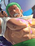  1boy alternate_pectoral_size anger_vein armpit_hair armpit_peek bara bare_shoulders clenched_teeth clothes_lift cropped food_on_pectorals fumio_(snnmfmw) green_hair highres large_pectorals long_sideburns looking_to_the_side male_focus midriff_sarashi muscular muscular_male nipples nude one_piece pectorals roronoa_zoro sarashi scar scar_across_eye shirt_lift short_hair sideburns solo stitches sweat teeth upper_body 
