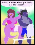  23:30 absurd_res anthro armband beach bench big_breasts bikini black_border black_hair blue_boxers blurred_background border breasts brown_hair clothing deltarune dinosaur dragon duo female flexing flexing_bicep flexing_muscles hair hi_res holding_object holding_towel insult lexington_ulfric_izunia lizard magenta_bikini magenta_underwear male messy_hair nostrills pink_eyes pose purple_body purple_tail queen_susie reptile scales scalie seaside sharp_teeth shimmshamm signature simple_background slightly_chubby speech_bubble susie_(deltarune) swimming_trunks swimwear taunting teeth text thick_thighs towel towel_on_lap undertale_(series) video_games wyvern yellow_eyes yellow_teeth 