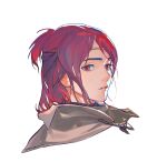  1boy cloak elden_ring eyelashes grey_cloak half_updo headband looking_at_viewer male_focus parted_lips portrait red_eyes red_hair rope ruint solo tarnished_(elden_ring) 