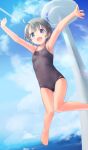 1girl :d ahoge armpits arms_up bangs bare_arms bare_legs barefoot black_eyes black_hair black_swimsuit blue_sky blush breasts brown_eyes brown_hair cloud collarbone competition_school_swimsuit day eyebrows_visible_through_hair flat_chest full_body highres jumping kawaseki midair new_school_swimsuit one-piece_swimsuit open_mouth original outdoors outstretched_arms school_swimsuit short_hair sky small_breasts smile solo spread_arms standing swimsuit 