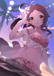 1girl :o absurdres ahoge animal_ears arknights bikini breasts brown_hair chestnut_mouth cleavage eyjafjalla_(arknights) eyjafjalla_(summer_flowers)_(arknights) flower hair_flower hair_ornament hand_up highres horns long_hair looking_at_viewer medium_breasts miyu10366 off-shoulder_bikini off_shoulder official_alternate_costume open_mouth outdoors palm_tree pink_bikini pink_eyes pink_flower sarong sheep_ears sheep_girl sheep_horns solo string_lights sunset swimsuit tree wading water white_sarong 