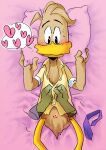  anatid animal_genitalia anseriform anthro assisted_exposure avian bird blush bottomless cloaca clothed clothing disembodied_hand disney duck ducktales ducktales_(2017) duo feathers fenton_crackshell genitals hi_res holding_object holding_pillow iiyone_(artist) looking_down lustful_gaze lying male multi_heart_reaction on_back open_clothing open_shirt open_topwear partially_clothed pillow presenting presenting_cloaca rolled_up_sleeves shaded shirt solo_focus spread_legs spreading tan_body tan_feathers topwear 