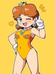  1girl ;d blue_eyes breasts brown_hair covered_navel cowboy_shot crown earrings eyebrows_visible_through_hair flower_earrings gloves hand_on_hip heart highres jewelry leotard looking_at_viewer mario_&amp;_sonic_at_the_london_2012_olympic_games mario_&amp;_sonic_at_the_olympic_games mario_(series) medium_breasts one_eye_closed open_mouth orange_leotard princess_daisy short_hair smile solo standing two-tone_leotard white_gloves yellow_leotard yume_yoroi 